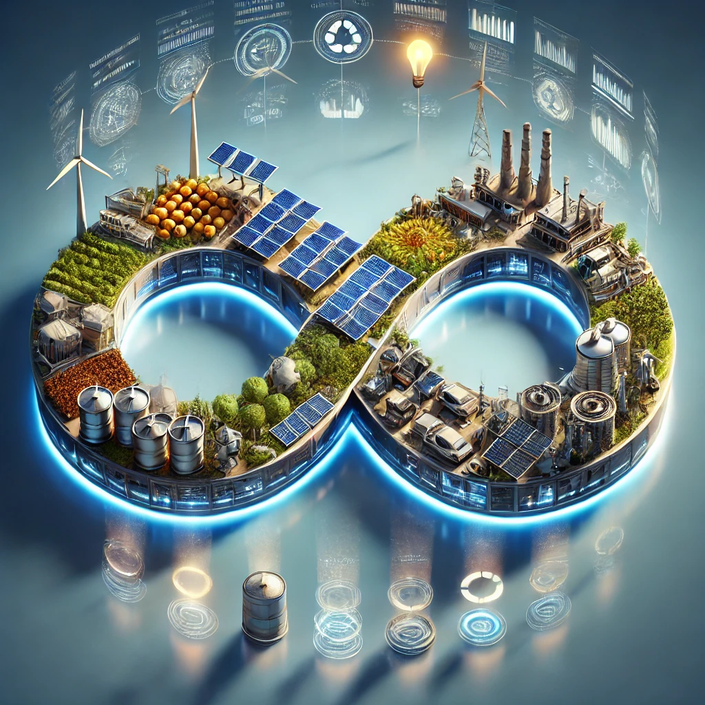 Infinity graphic showing renewable energy, circular economy, food, and telemetry.